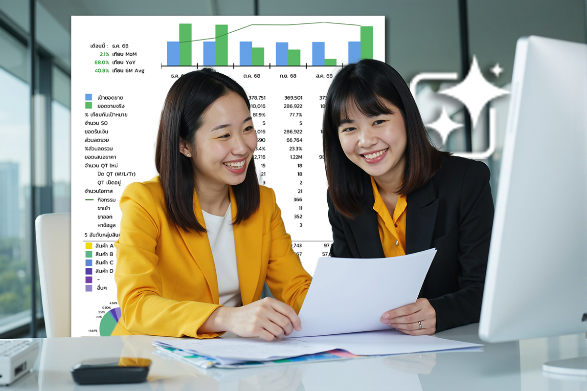 พนักงานขายสองคนกำลังยิ้มและตรวจสอบรายงานประสิทธิภาพการทำงาน (Sales Performance) โดยมีพื้นหลังเป็นกราฟแท่งเปรียบเทียบยอดขายรายเดือน