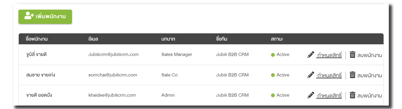 น้าจอจัดการรายชื่อพนักงานในระบบ Jubili CRM แสดงตารางข้อมูล