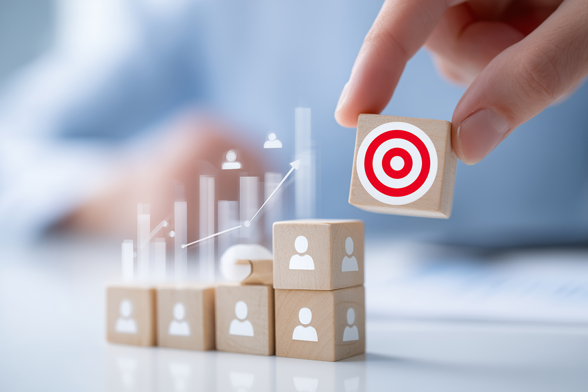 มือคนกำลังวางบล็อกไม้รูปเป้าหมายสีแดงลงบนแถวของบล็อกไม้รูปไอคอนคน พร้อมกราฟแท่งและเส้นที่แสดงการเติบโต สื่อถึงการวางกลยุทธ์บริหารจัดการกลุ่มเป้าหมาย