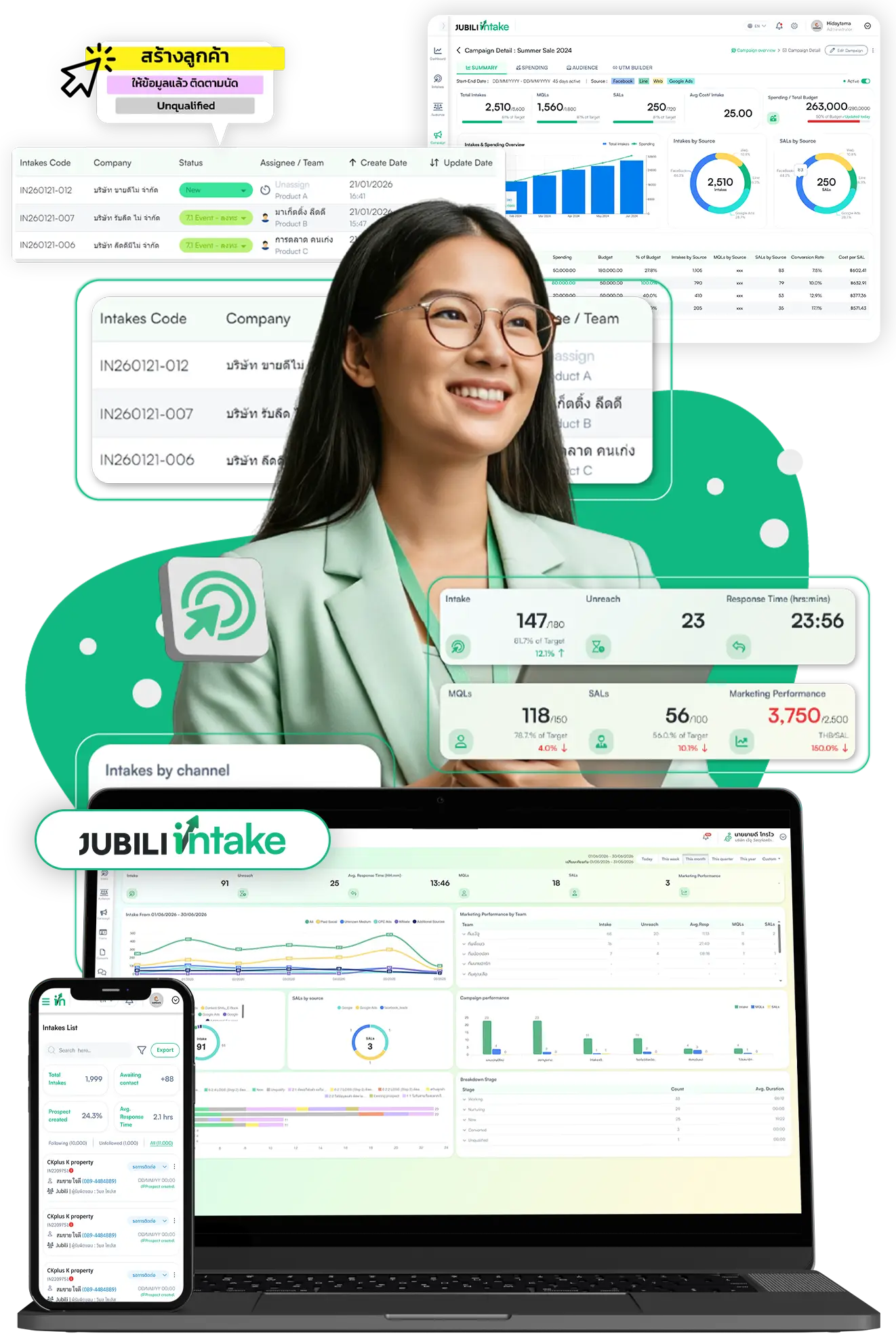 JUBILI Intake hero banner with screen mockup show dashboard and leads management for marketing