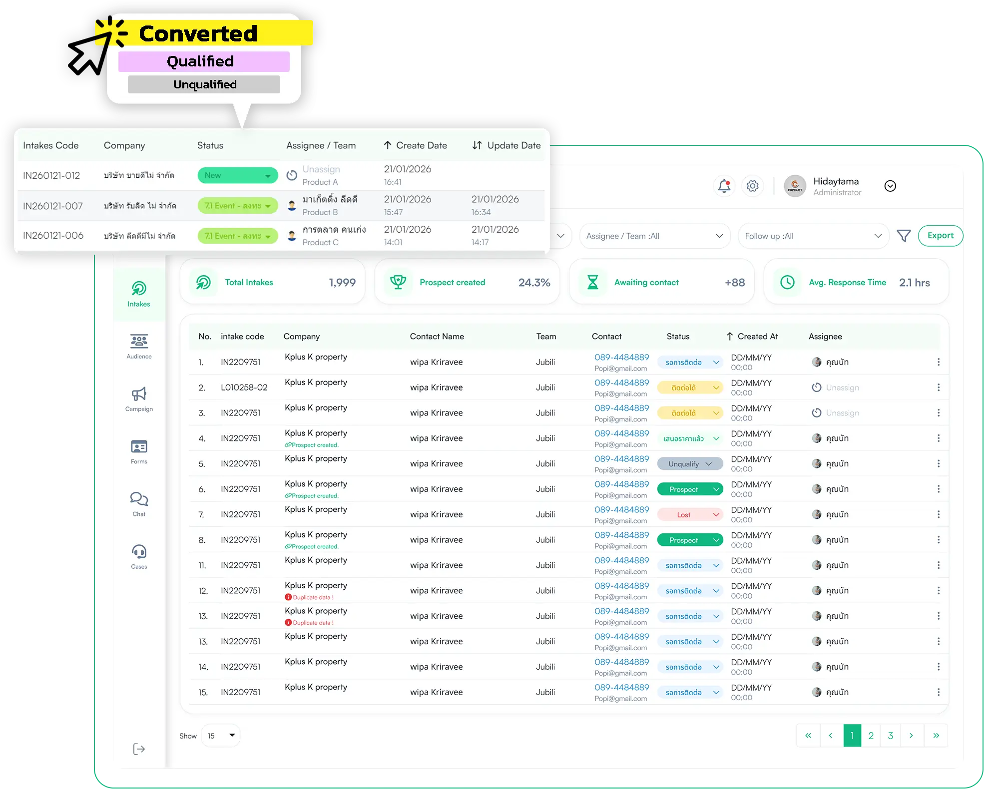 JUBILI Intake main feature - Leads intake list